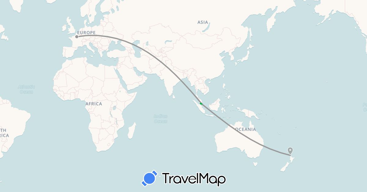 TravelMap itinerary: driving, bus, plane in France, Malaysia, New Zealand, Singapore (Asia, Europe, Oceania)